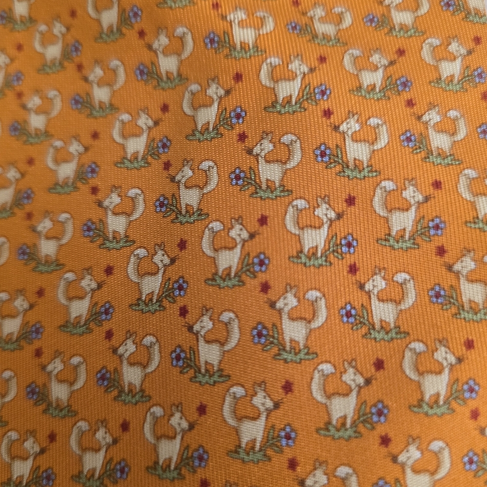 Salvatore Ferragamo Orange Silk Tie With Foxes, Blue Flowers And A Red Star